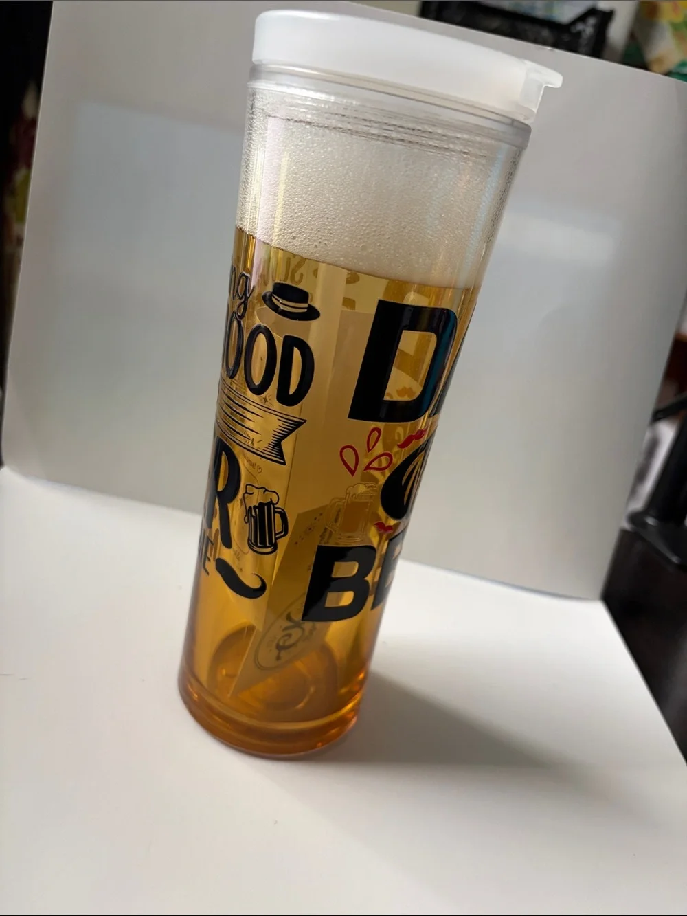 Dad Needs Beer 24 oz Faux Beer Flip Straw Tumbler